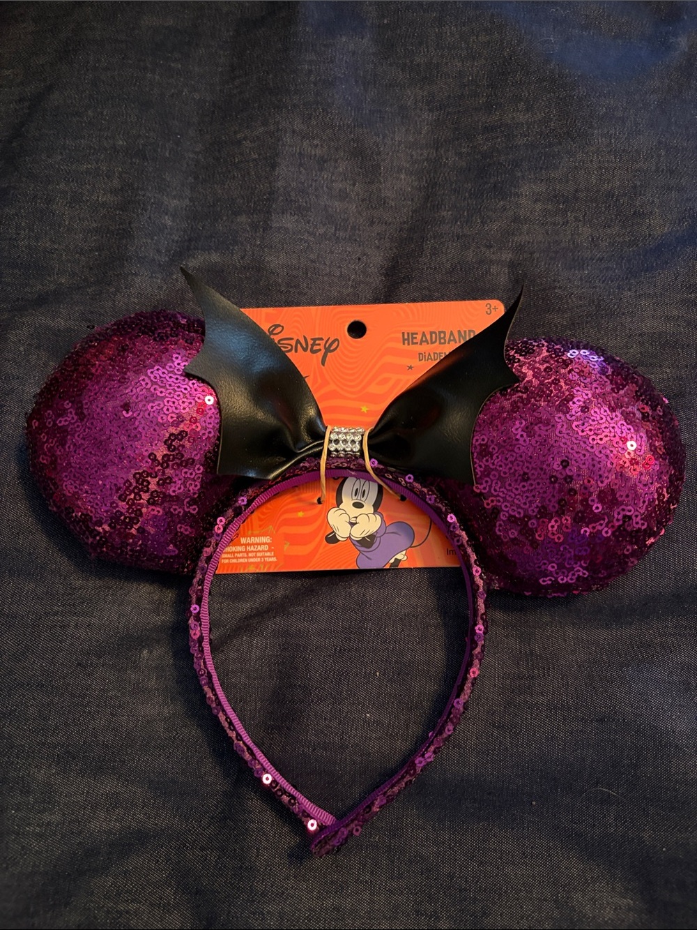 Disney Purple Sequin Minnie Ear Headband with Black Bow and Rhinestone Ring